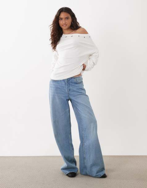 ASOS DESIGN T-Shirt mit Metallösen und überschnittener Schulter in Cremeweiß - view 1
