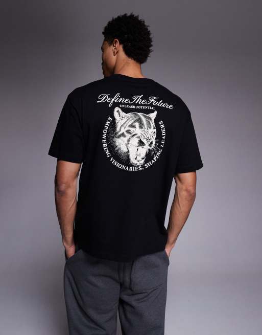 ASOS DESIGN – T-Shirt mit Relaxed-Fit-Design in Schwarz und Raubkatzen-Textgrafik, 3 von 5