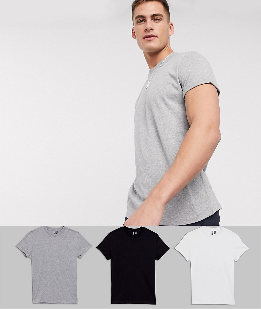 ASOS DESIGN – T-Shirt mit Rundhalsausschnitt und Rollärmeln im 3er-Pack-Mehrfarbig