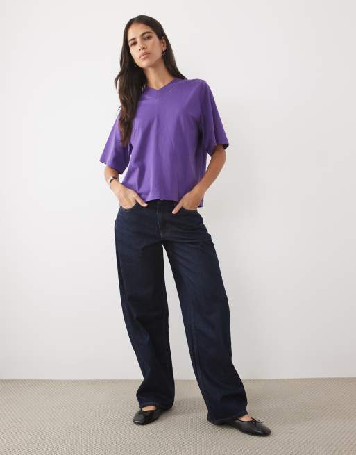 ASOS DESIGN T-Shirt mit V-Ausschnitt und Rippdetails in Lila, 2 von 4