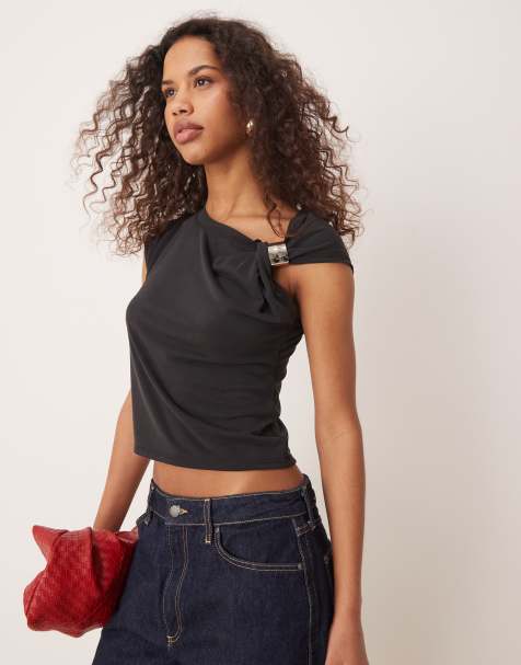 ASOS DESIGN - T-shirt monospalla in modal nera con finiture argentate - view 1