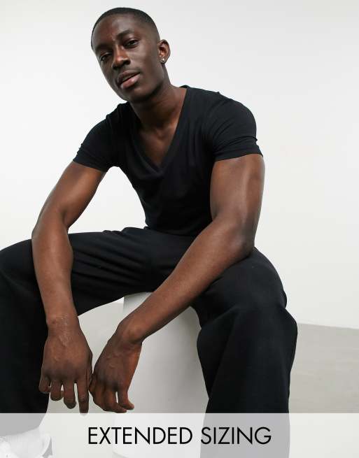ASOS DESIGN - T-shirt moulant à encolure échancrée en V en coton mélangé - Noir - NOIR