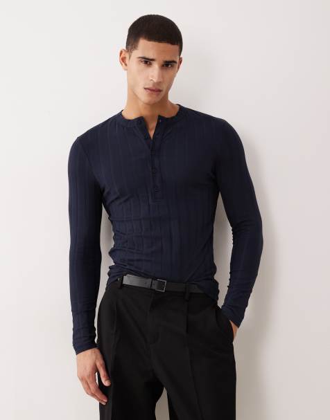 ASOS DESIGN - T-shirt moulant à larges côtes, manches longues et col boutonné - Bleu marine - view 1