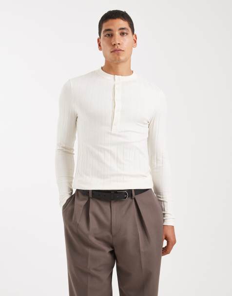 ASOS DESIGN - T-shirt moulant à larges côtes, manches longues et col boutonné - Crème - view 1