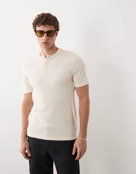 ASOS DESIGN - T-shirt moulant à manches courtes et col boutonné - Écru - view 1