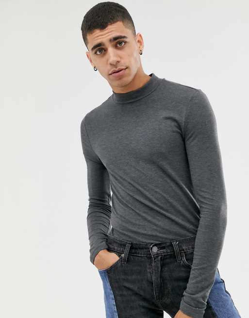 ASOS DESIGN - T-shirt moulant à manches longues avec col montant - Anthracite chiné, 3 de 4