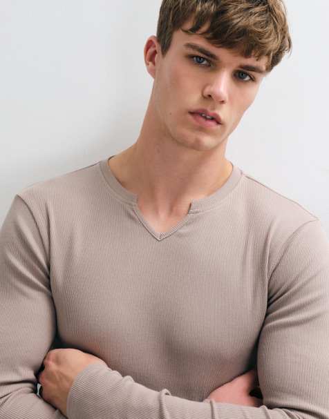 ASOS DESIGN t-shirt moulant à manches longues avec encolure fendue beige - view 1