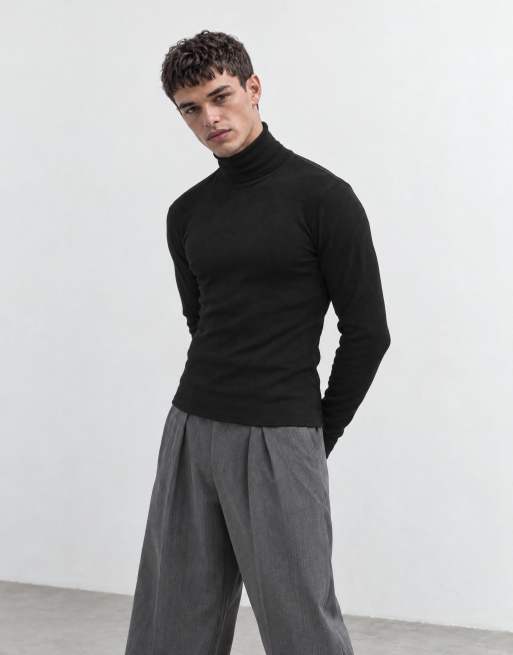 ASOS DESIGN t-shirt moulant à manches longues, col roulé, noir, en maille côtelée, 10 de 10