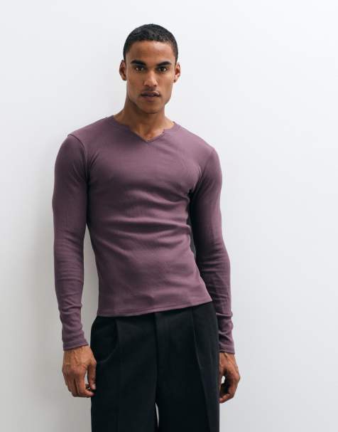 ASOS DESIGN t-shirt moulant à manches longues col V en maille côtelée violette - view 1