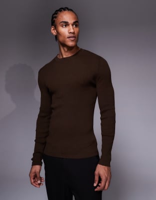 ASOS DESIGN - T-shirt moulant à manches longues en coton mélangé micro-côtelé - Marron-Brown