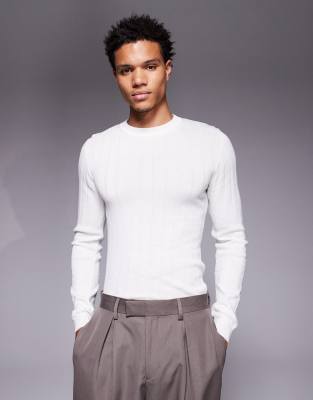 ASOS DESIGN - T-shirt moulant à manches longues en maille côtelée - Blanc cassé