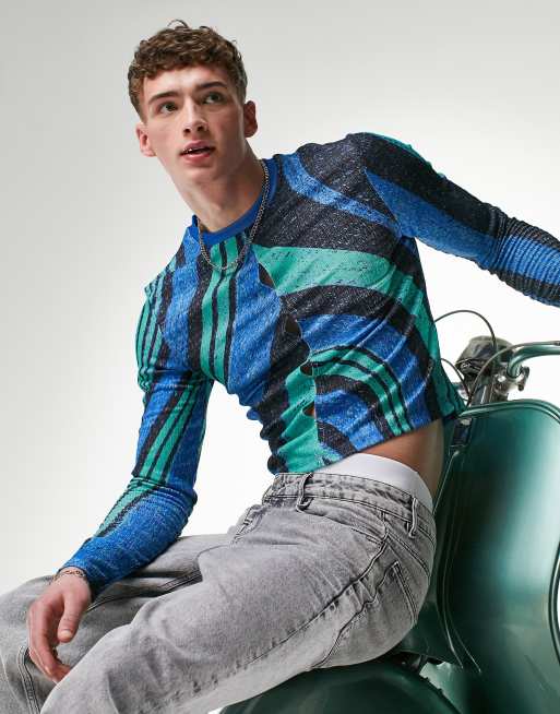 ASOS DESIGN - T-shirt moulant à manches longues en tissu texturé avec découpes sur le devant - Bleu/vert