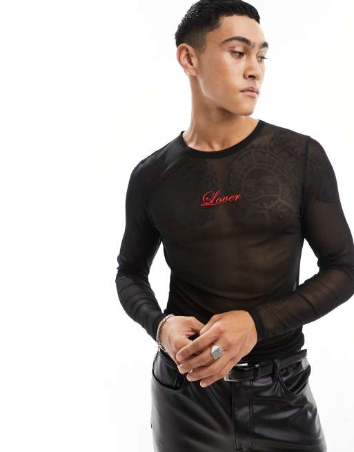 ASOS DESIGN - T-shirt moulant à manches longues en tulle avec imprimé - Noir