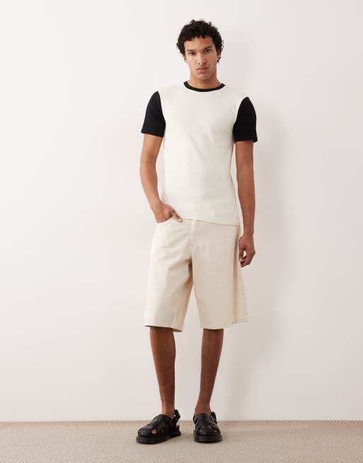 ASOS DESIGN - T-shirt moulant à nervures et manches contrastantes - Crème, 4 de 5