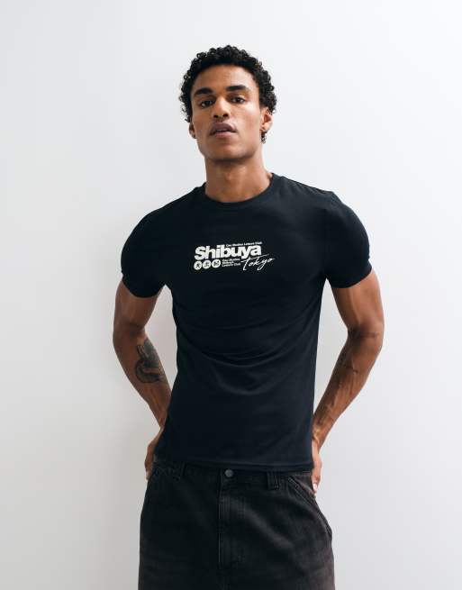 ASOS DESIGN t-shirt moulant avec motif Shibuya noir, 2 de 9