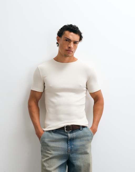 ASOS DESIGN - T-shirt moulant basique en tissu côtelé - Beige, 3 de 10