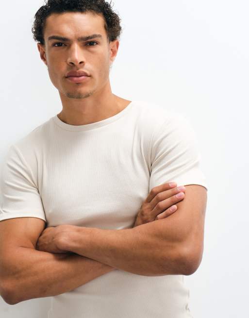 ASOS DESIGN - T-shirt moulant basique en tissu côtelé - Beige, 5 de 10