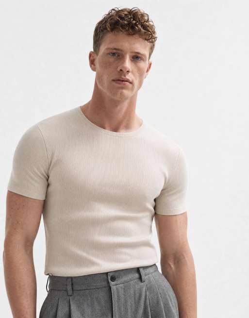 ASOS DESIGN - T-shirt moulant basique en tissu côtelé - Beige, 6 de 10