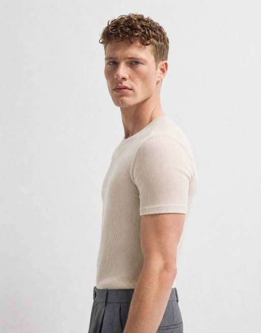ASOS DESIGN - T-shirt moulant basique en tissu côtelé - Beige, 9 de 10