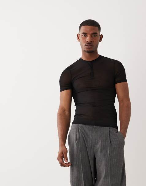 ASOS DESIGN - T-shirt moulant côtelé à col boutonné en tulle - Noir - view 1