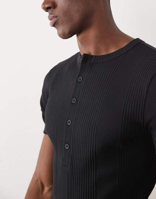 ASOS DESIGN - T-shirt moulant côtelé à col boutonné - Noir, 2 de 5