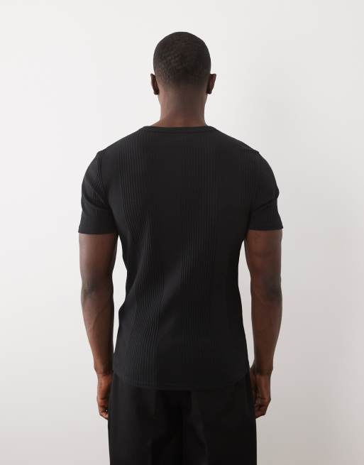 ASOS DESIGN - T-shirt moulant côtelé à col boutonné - Noir, 4 de 5