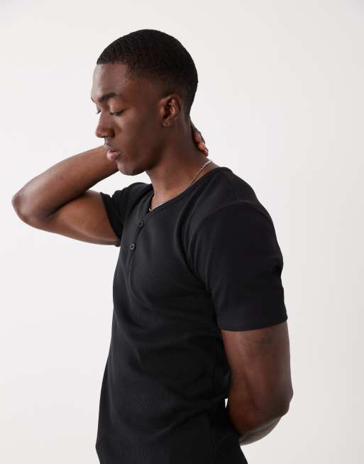 ASOS DESIGN - T-shirt moulant côtelé à col boutonné - Noir, 4 de 5