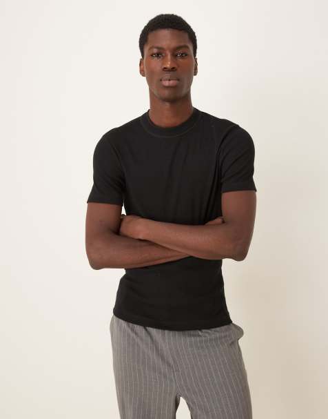 ASOS DESIGN - T-shirt moulant côtelé à col montant - Noir - view 1