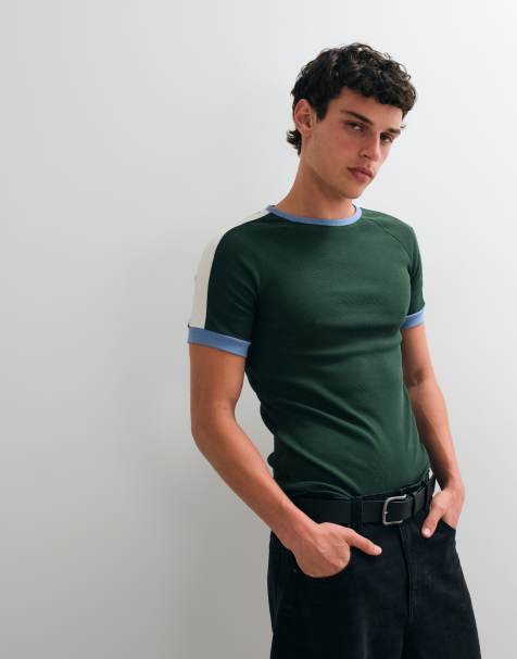 ASOS DESIGN - T-shirt moulant côtelé à manches raglan et bords contrastants - Vert foncé et bleu - view 1