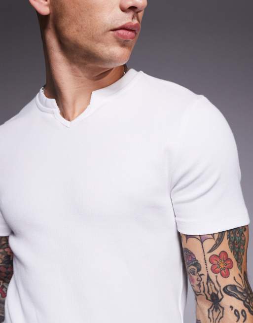 ASOS DESIGN - T-shirt moulant côtelé avec col à encoche - Blanc  , 3 de 4