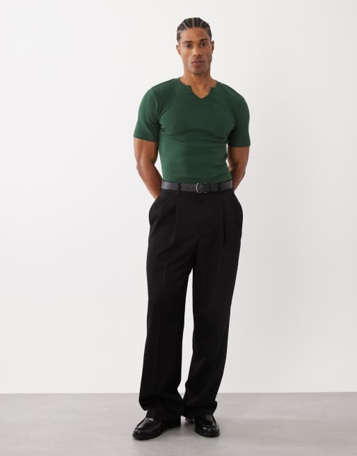 ASOS DESIGN - T-shirt moulant côtelé avec col à encoche - Vert foncé, 2 de 5