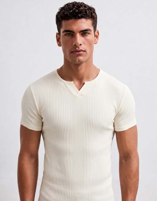 ASOS DESIGN - T-shirt moulant côtelé élégant avec encolure à encoche - Crème, 7 de 10
