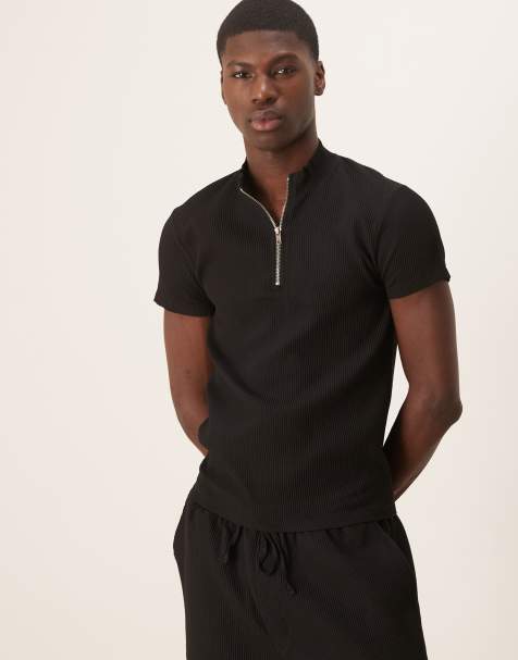 ASOS DESIGN - T-shirt moulant d'ensemble à col cheminée zippée - Noir - view 1