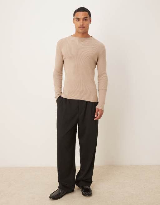 ASOS DESIGN - T-shirt moulant en maille compacte côtelée à manches longues - Beige, 2 de 5