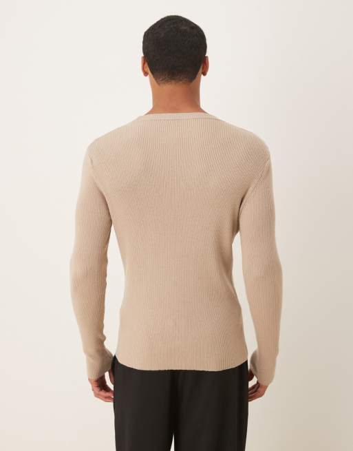 ASOS DESIGN - T-shirt moulant en maille compacte côtelée à manches longues - Beige, 3 de 5