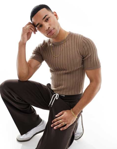 ASOS DESIGN - T-shirt moulant en maille légère côtelée - Marron - view 1