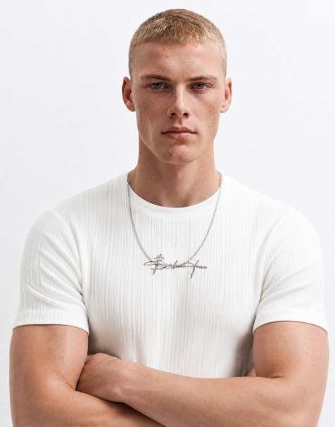 ASOS DESIGN - T-shirt moulant en tissu côtelé luxueux à imprimé graphique devant - Blanc - view 1