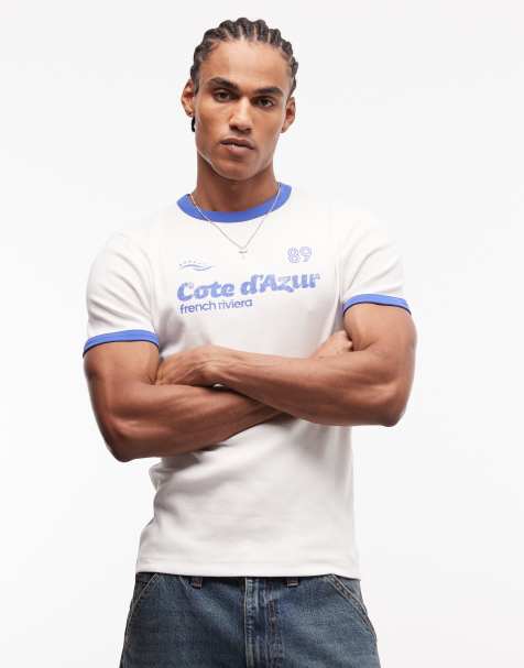 ASOS DESIGN - T-shirt moulant en tissu épais à nervures avec imprimé football et bordures contrastantes - Blanc - view 1