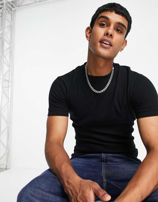 ASOS DESIGN - T-shirt moulant en tissu gaufré - Noir