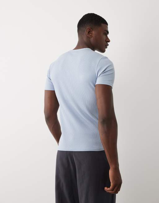 ASOS DESIGN t-shirt moulant épais à col henley en maille côtelée bleue, 4 de 5