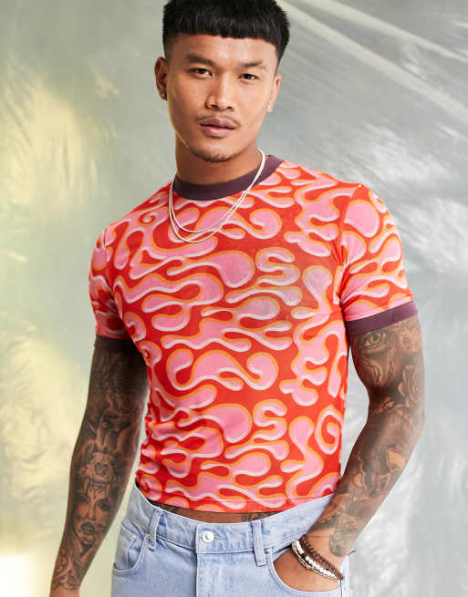 ASOS DESIGN - T-shirt moulant imprimé en tulle - Rose