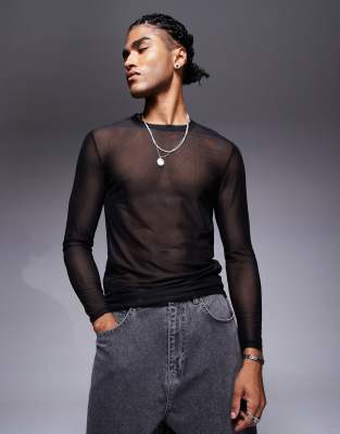 ASOS DESIGN - T-shirt moulant manches longues en tulle - Noir