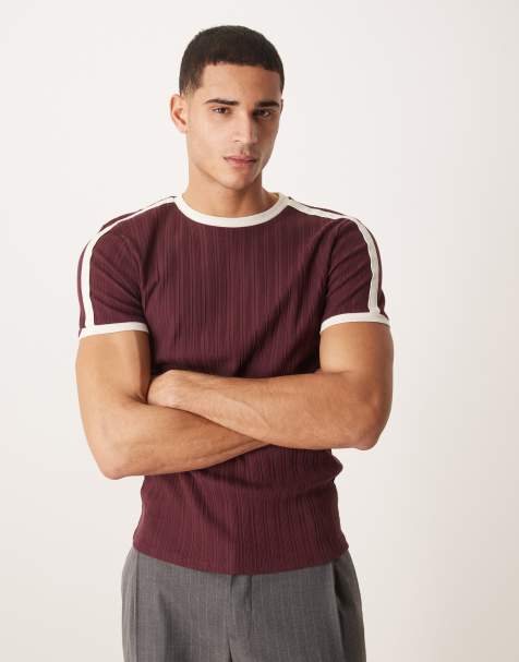 ASOS DESIGN - T-shirt moulant ras de cou à empiècement contrastant - Bordeaux texturé - view 1