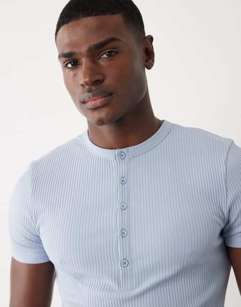 ASOS DESIGN t-shirt muscle fit pesante con collo serafino in blu a coste - view 1