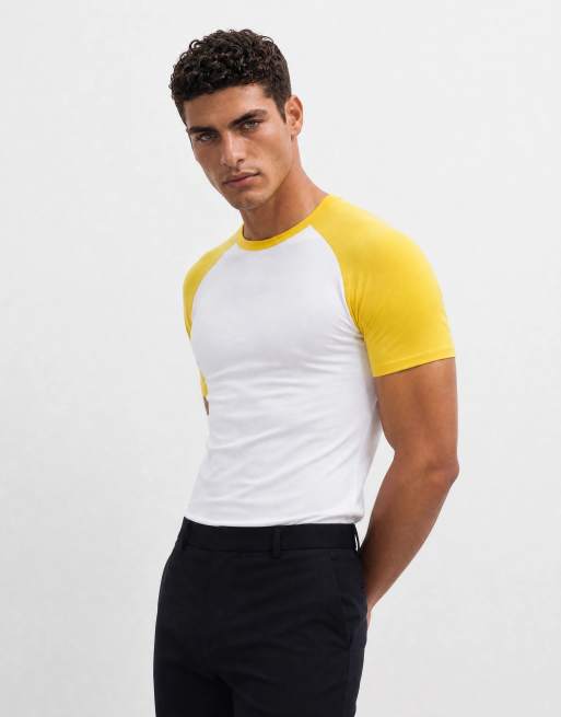 ASOS DESIGN t-shirt muscle fit raglan bianca e gialla, 10 di 10