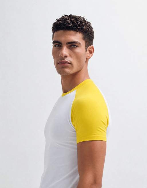 ASOS DESIGN t-shirt muscle fit raglan bianca e gialla, 7 di 10