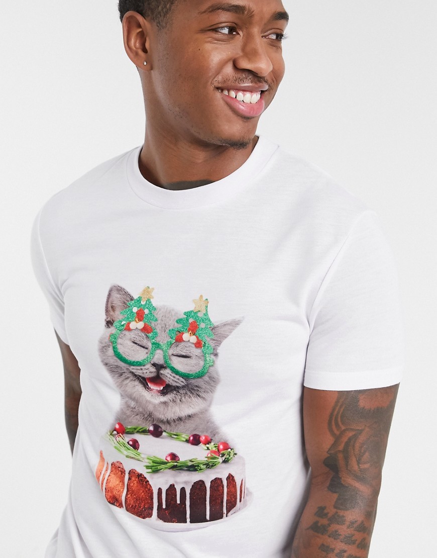 ASOS DESIGN - T-shirt natalizia con gatto-Bianco