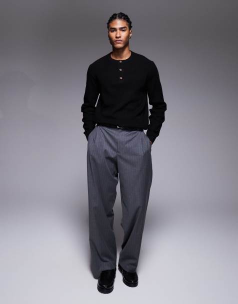 ASOS DESIGN - T-shirt nera a maniche lunghe in maglia a coste con scollo serafino - view 1