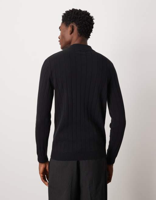 ASOS DESIGN - T-shirt nera attillata a maniche lunghe in maglia a coste con collo alto, 3 di 5