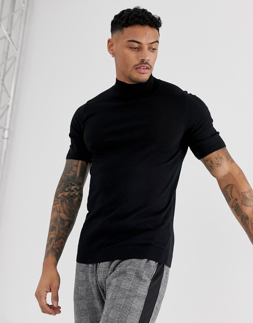 ASOS DESIGN - T-shirt nera con collo alto attillata in maglia nera-Nero